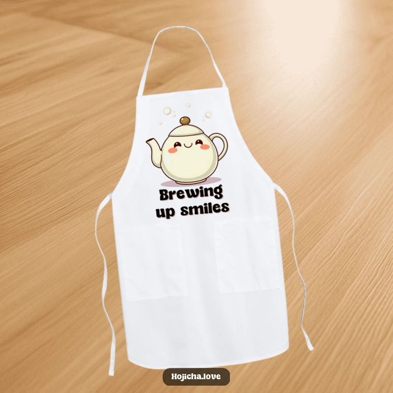 Funny hojicha teapot apron with a grinning spout pouring bubbles, perfect for cheerful culinary fun.