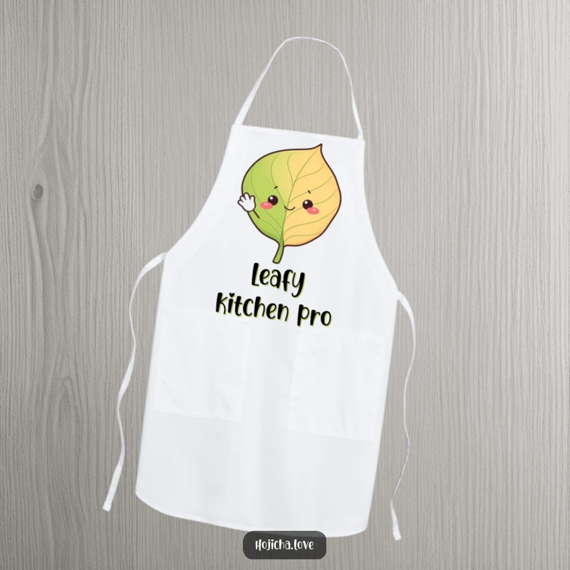 Funny hojicha leaf apron, cheerfully waving with simple eyes, a charming and practical kitchen accessory.
