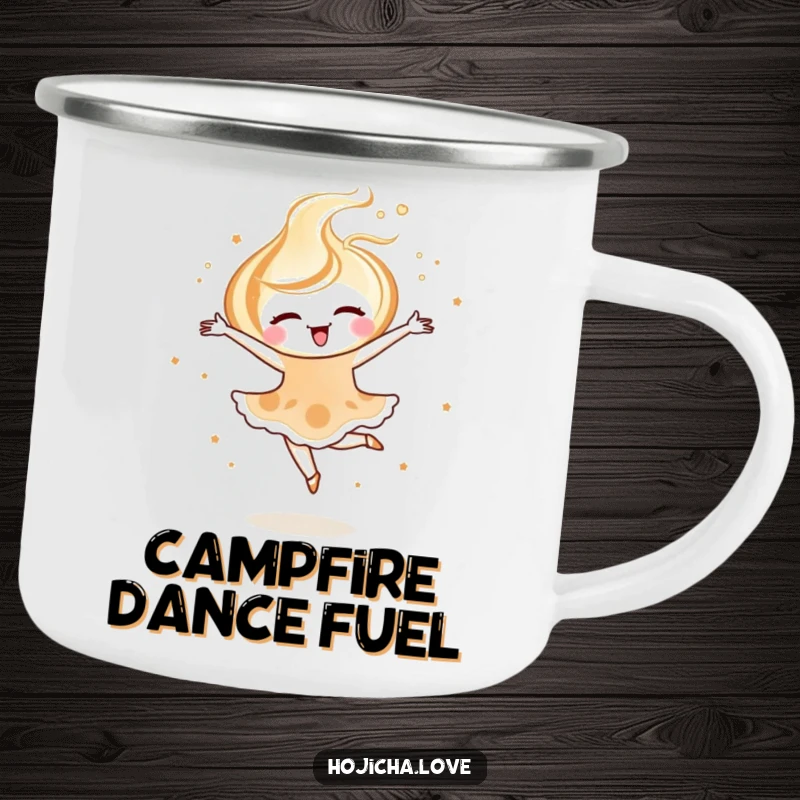 Funny hojicha latte art camping mug featuring a joyful swirl pirouetting, ideal for elegant outdoor enjoyment.