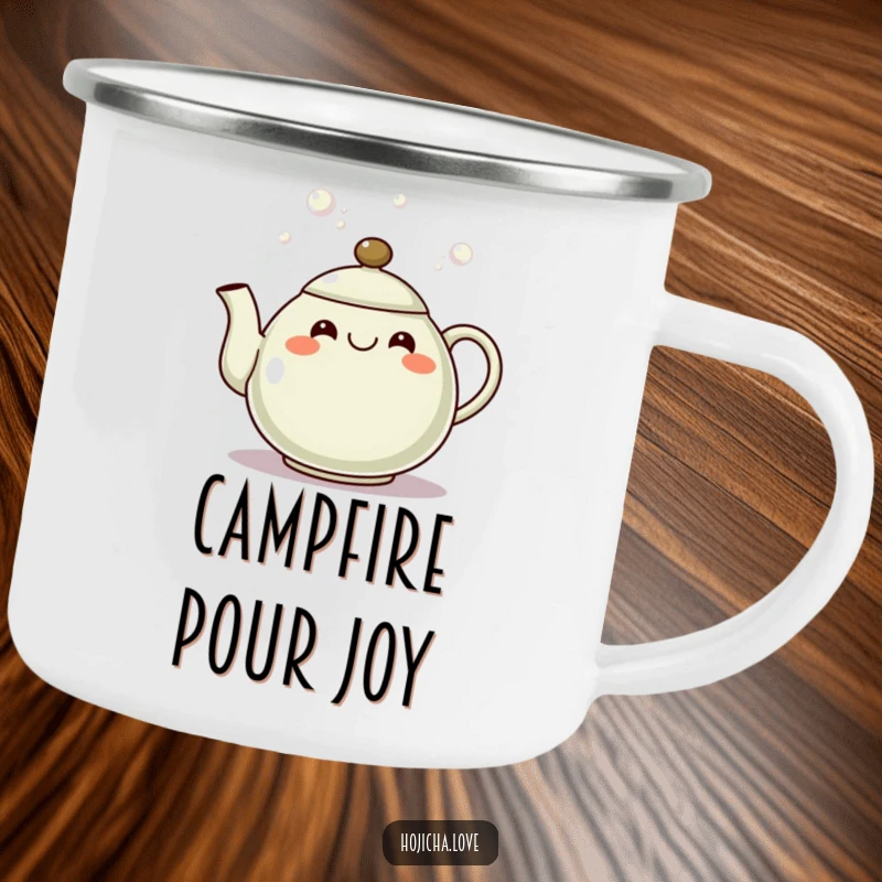 Funny hojicha teapot camping mug featuring a grinning spout pouring bubbles, ideal for outdoor enjoyment.