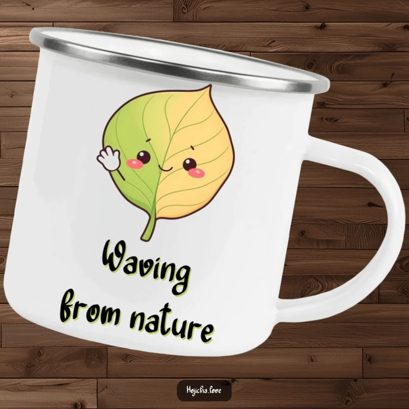 Funny hojicha leaf camping mug, cheerfully waving with simple eyes, durable and friendly for outdoor enjoyment.