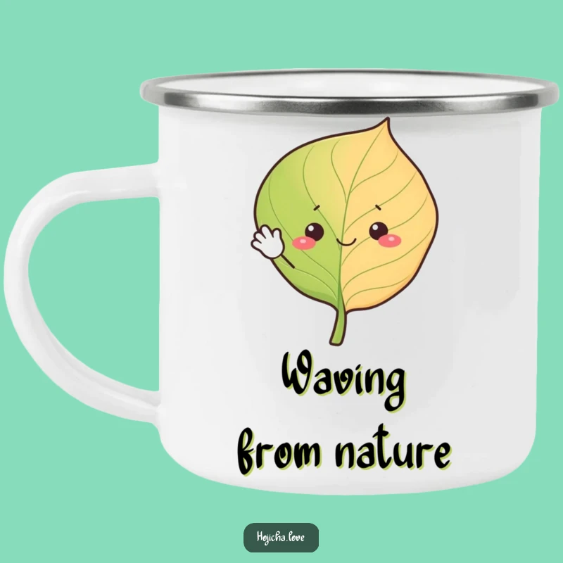 Funny Waving Hojicha Leaf Camping Mug - Cheerful Outdoor Brew