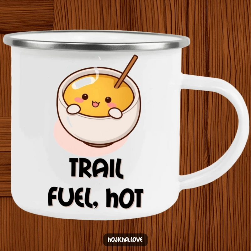Funny hojicha cup with tiny arms enthusiastically stirring tea, designed for outdoor use on a humorous camping mug.