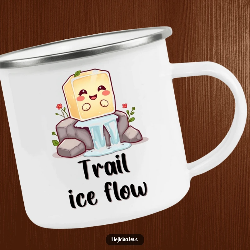 Funny hojicha ice cube camping mug featuring a giggling ice cube sliding down a waterfall, for outdoor fun.