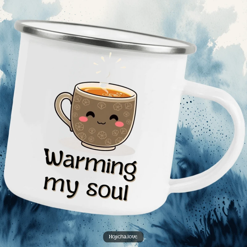 Funny hojicha camping mug featuring a smiling whisked pattern, durable and cheerful for all your adventures.