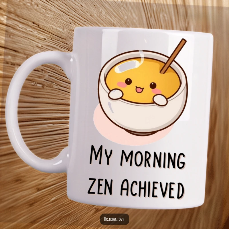 Funny hojicha cup stirring tea with tiny arms, depicted with energetic glee on this humorous mug.