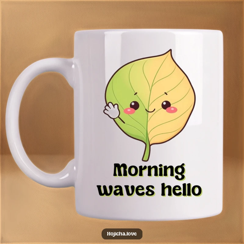 Funny hojicha leaf mug, cheerfully waving with simple eyes, a cute and amusing buddy for your tea.