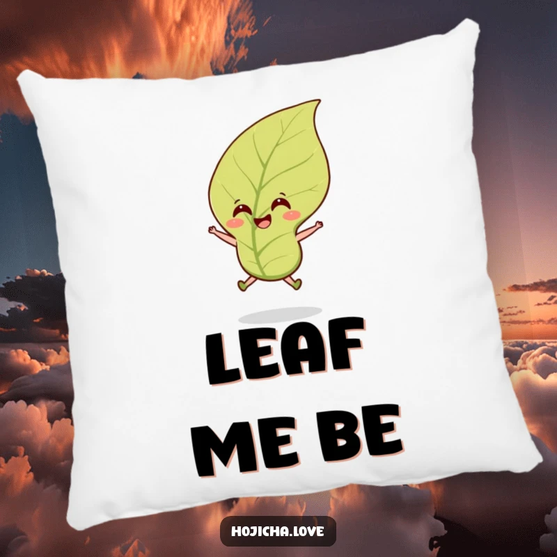 Funny hojicha tea leaf pillow featuring a happy jumping leaf in a breeze, adding a cheerful touch to decor.