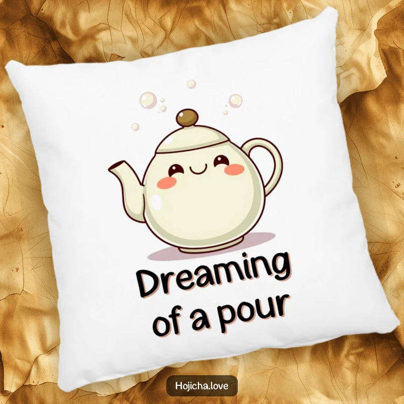 Funny hojicha teapot pillow featuring a grinning spout pouring bubbles, adding a cheerful touch to decor.