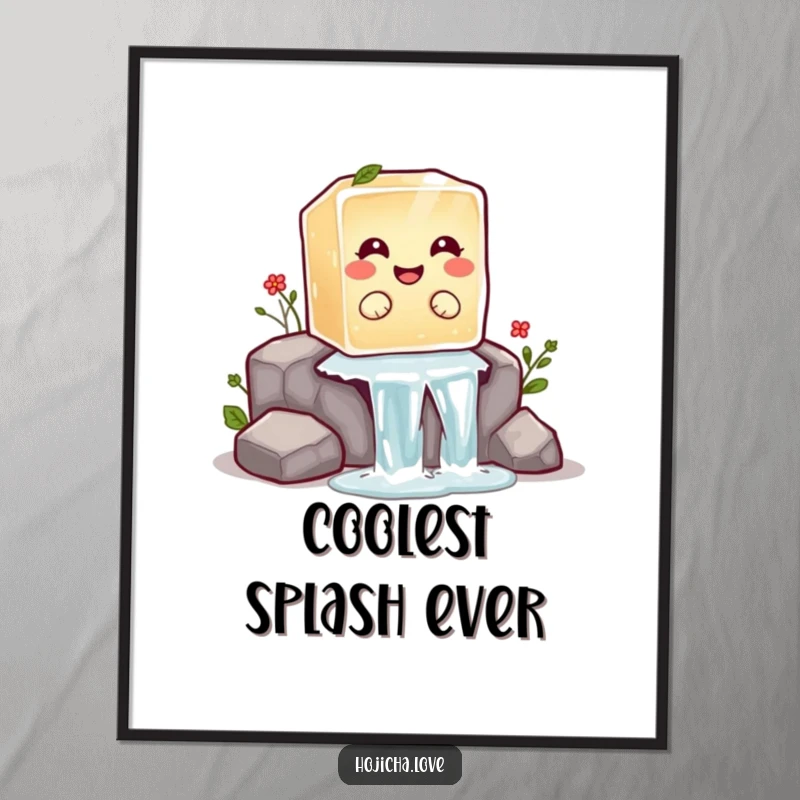 Funny hojicha ice cube digital art print of a giggling ice cube sliding down a waterfall, instant playful decor.