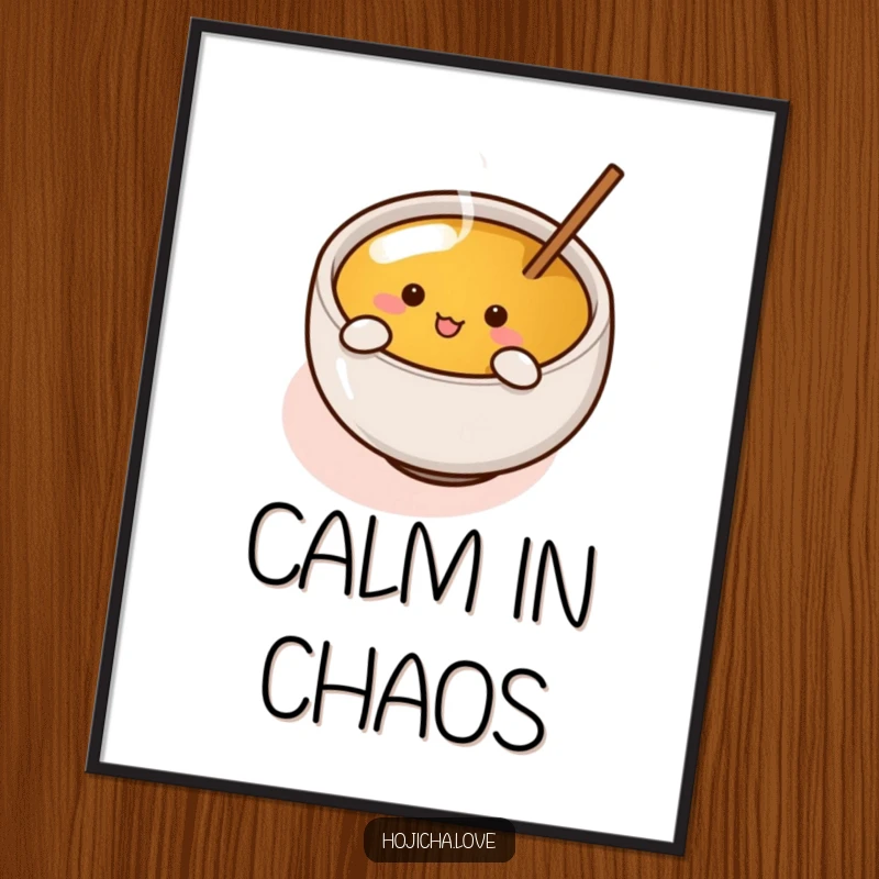 Funny hojicha cup with tiny arms enthusiastically stirring tea, available as a downloadable humorous digital art print.