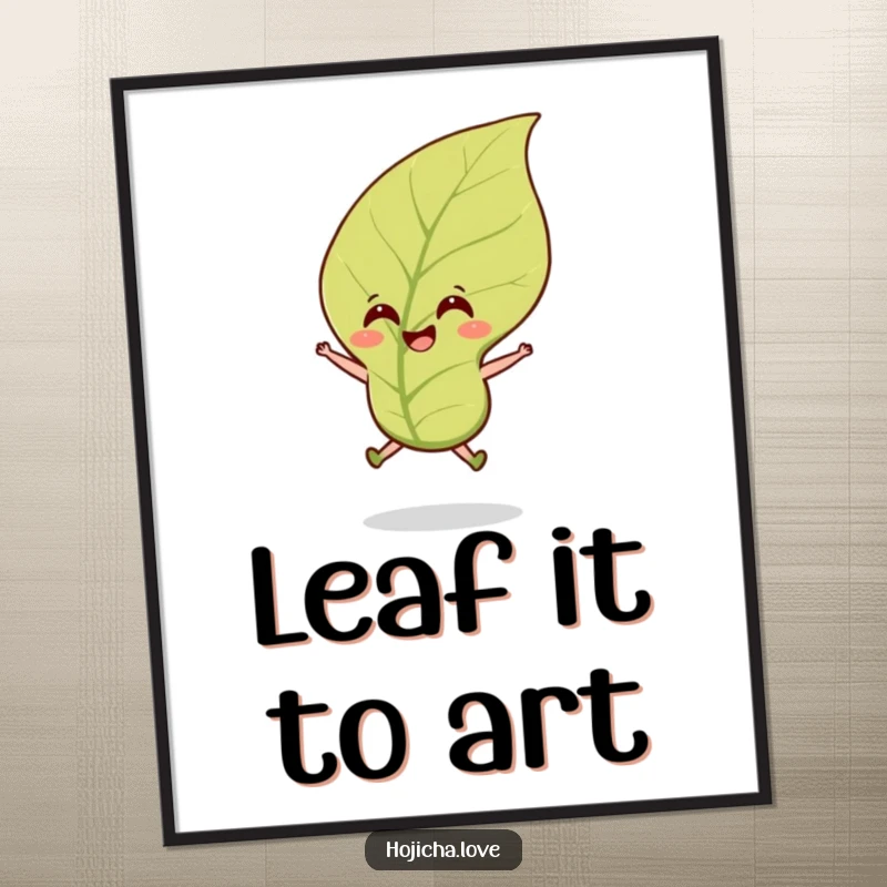 Funny hojicha tea leaf digital art print of a smiling leaf jumping joyfully in a breeze, instant cheerful decor.