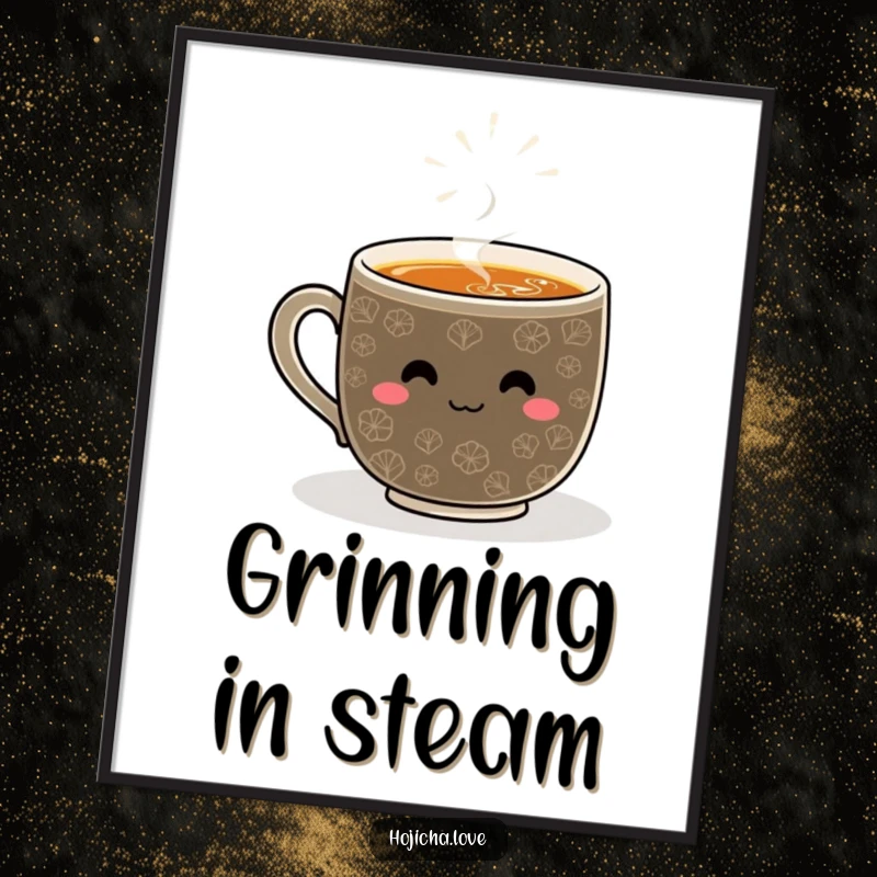 Funny hojicha digital art print with a smiling whisked pattern, radiating cheerfulness and abstract tea-themed joy.