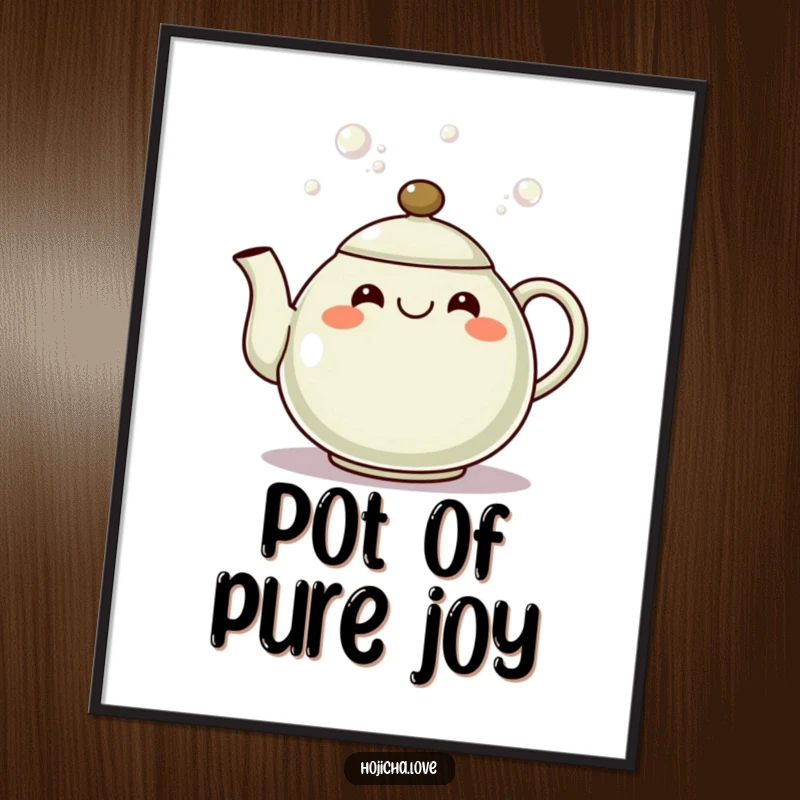 Funny hojicha teapot digital art print of a grinning spout pouring bubbles, instant cheerful decor.