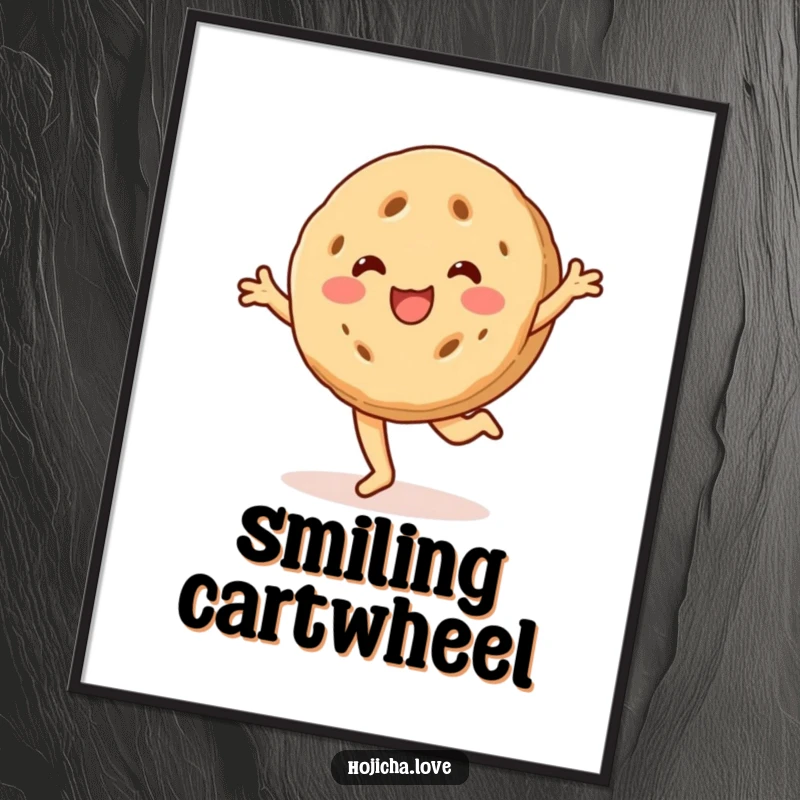Funny hojicha cookie digital art print, beaming with a smile and cartwheeling, a joyful artwork.