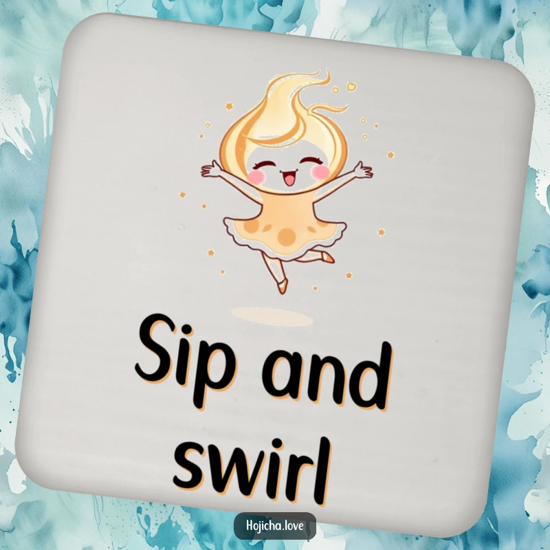 Funny hojicha latte art coaster set with a joyful swirl pirouetting, adding elegant flair.