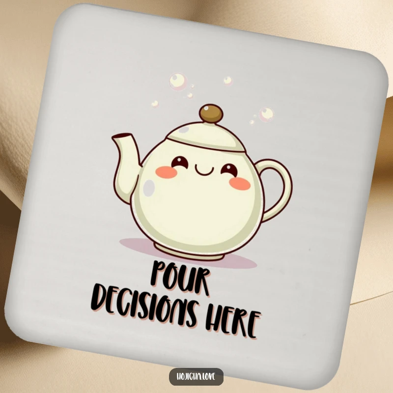 Funny hojicha teapot coaster set with a grinning spout pouring bubbles, adding cheerful flair.