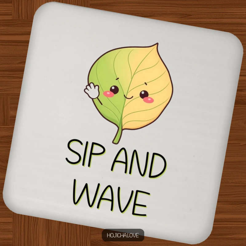 Funny hojicha leaf coaster, cheerfully waving with simple eyes, a cute and functional accessory.