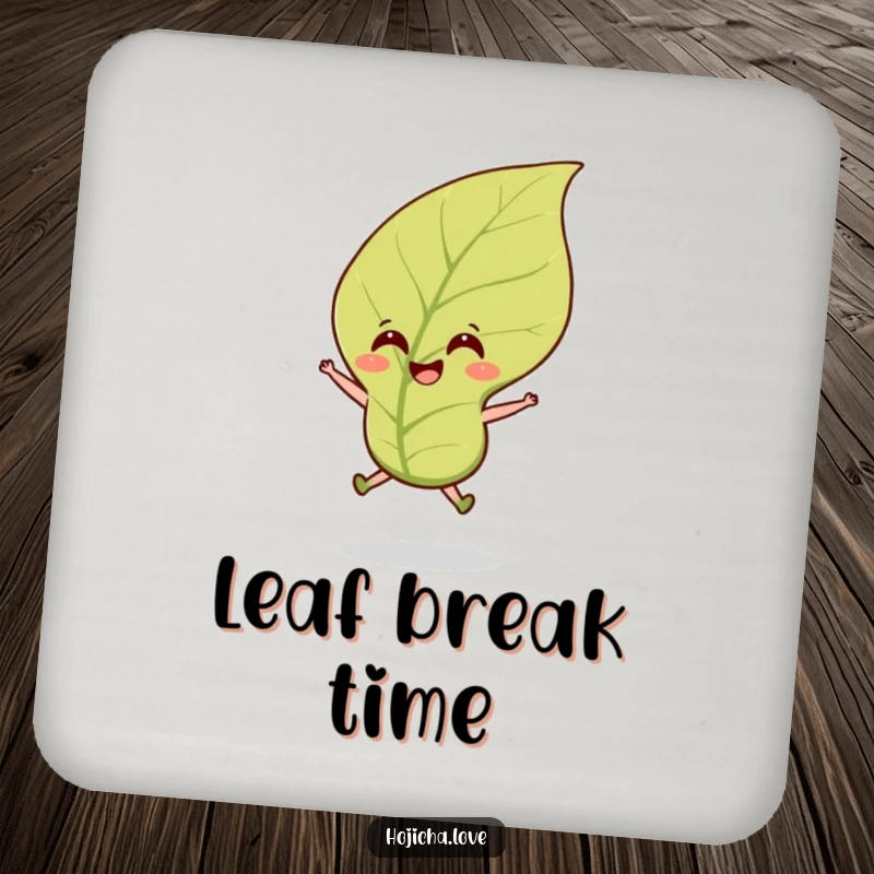 Funny hojicha tea leaf coaster set featuring a joyful jumping leaf in a breeze, adding cheerful flair.