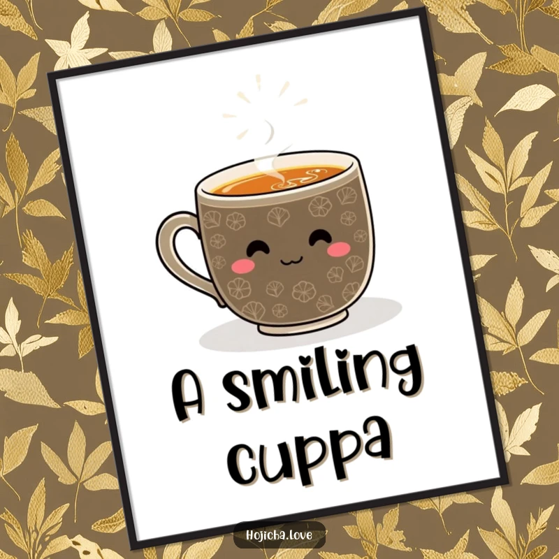 Funny hojicha poster featuring a smiling whisked pattern, radiating positivity and cheerful vibes for home decor.