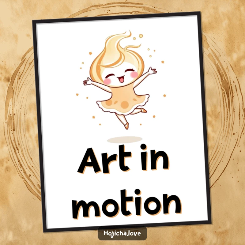 Funny hojicha latte art poster showing a joyful swirl performing a delicate ballet pirouette, symbolizing artistic joy.