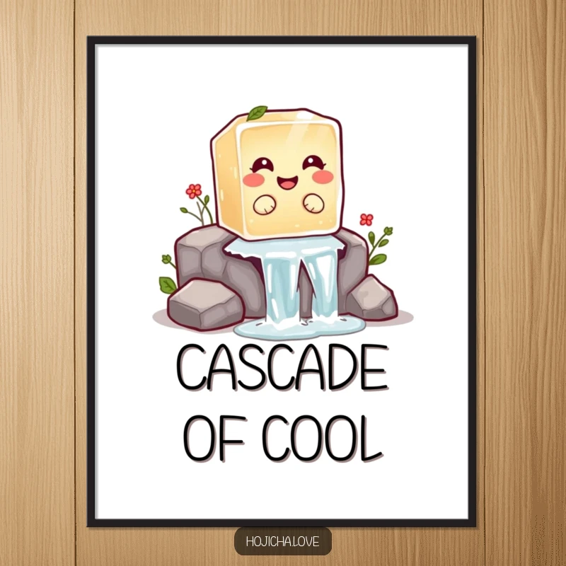 Funny hojicha ice cube poster showing a giggling ice cube sliding down a miniature waterfall, a fun visual.