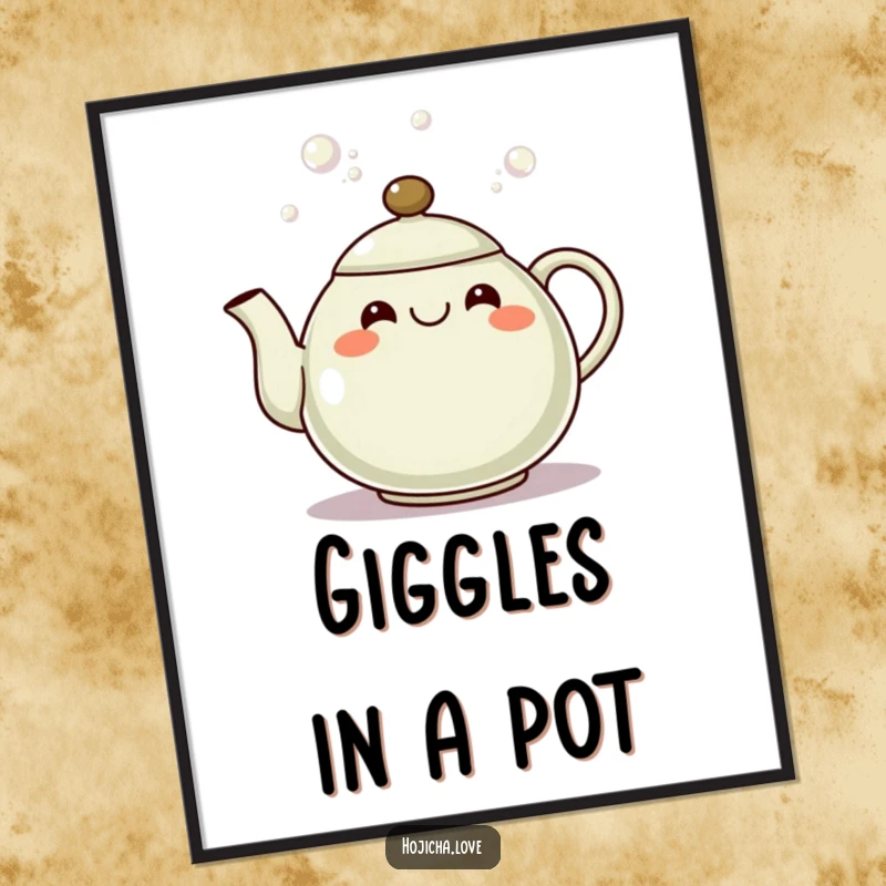Funny hojicha teapot poster with a smiling, grinning spout pouring bubbles, symbolizing cheerful tea brewing.
