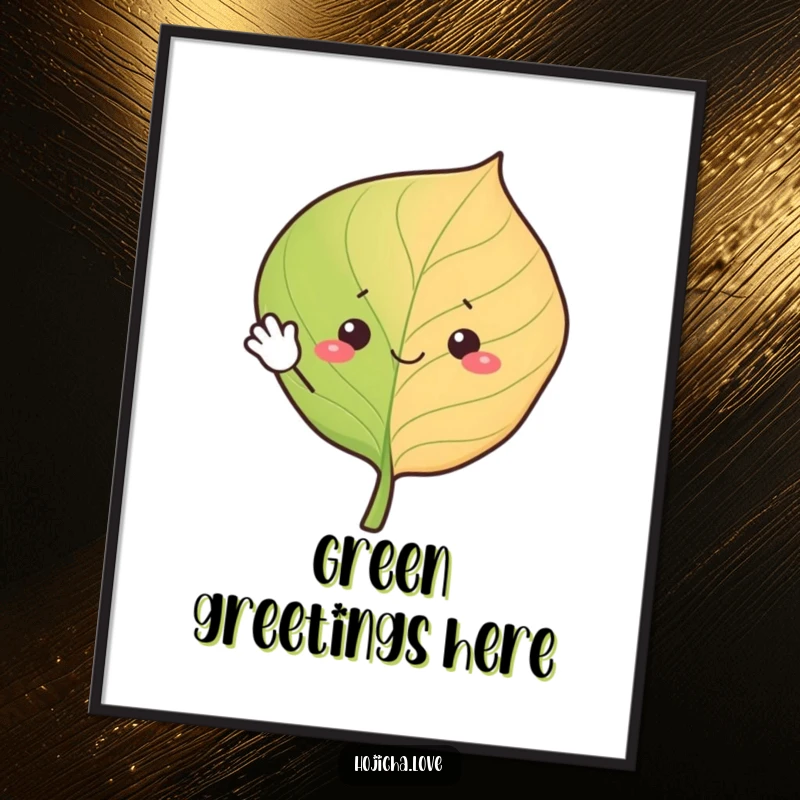 Funny hojicha leaf poster, cheerfully waving with simple eyes, charming wall art bringing a friendly vibe.