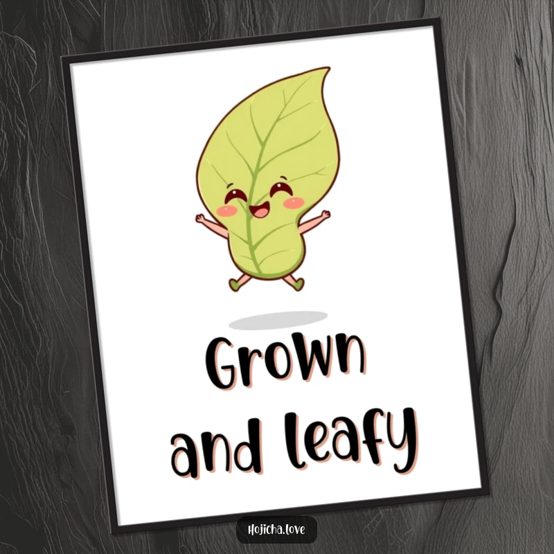 Funny hojicha tea leaf poster showing a smiling leaf doing a happy jump in a gentle breeze, full of cheer.