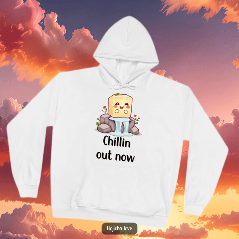 Funny hojicha ice cube hoodie featuring a giggling ice cube sliding down a waterfall, for cozy, humorous wear.