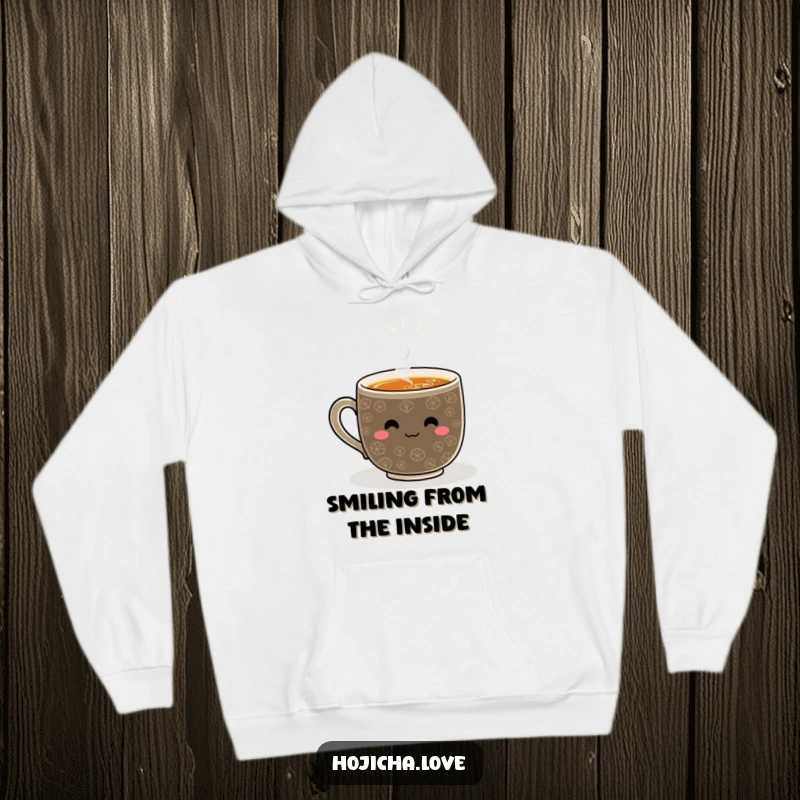Funny hojicha hoodie with a smiling whisked pattern, offering warmth and a cheerful, cozy feel.