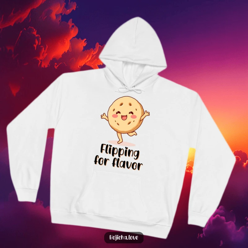 Funny hojicha cookie hoodie, beaming with a smile and cartwheeling, offering warmth and a playful design.
