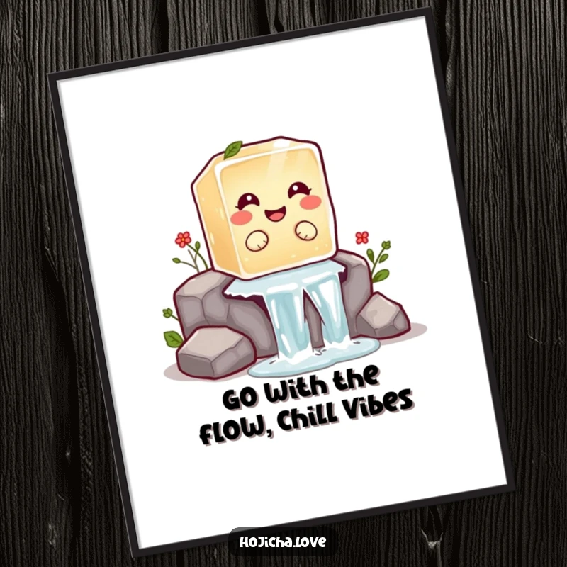 Funny Free Printable Wall Art of a giggling hojicha ice cube having a blast sliding down a miniature, picturesque waterfall.