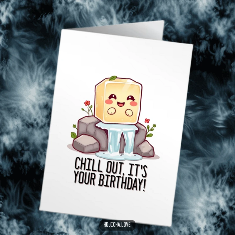 Funny Free Printable Birthday Card depicting a giggling hojicha ice cube gleefully sliding down a miniature, sparkling waterfall.