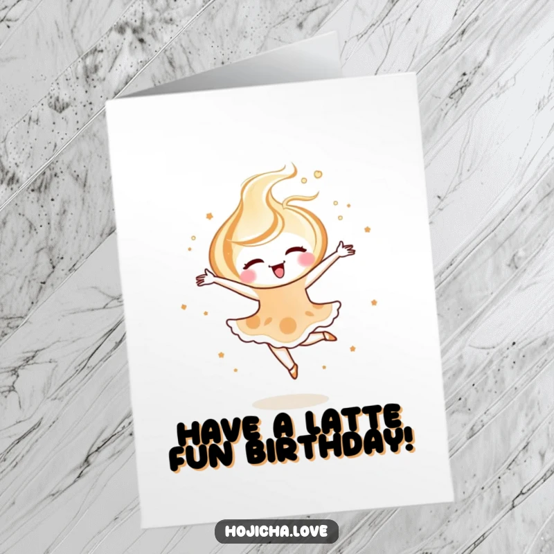 Funny Free Printable Birthday Card showing a joyful hojicha latte art swirl performing a graceful ballet pirouette with flair.
