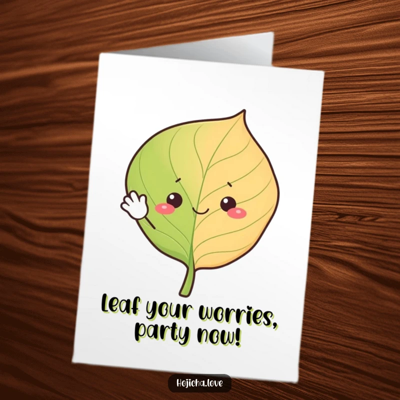 Funny Free Printable Birthday Card: A happy hojicha leaf with wide eyes gives a friendly, enthusiastic wave, printable fun.
