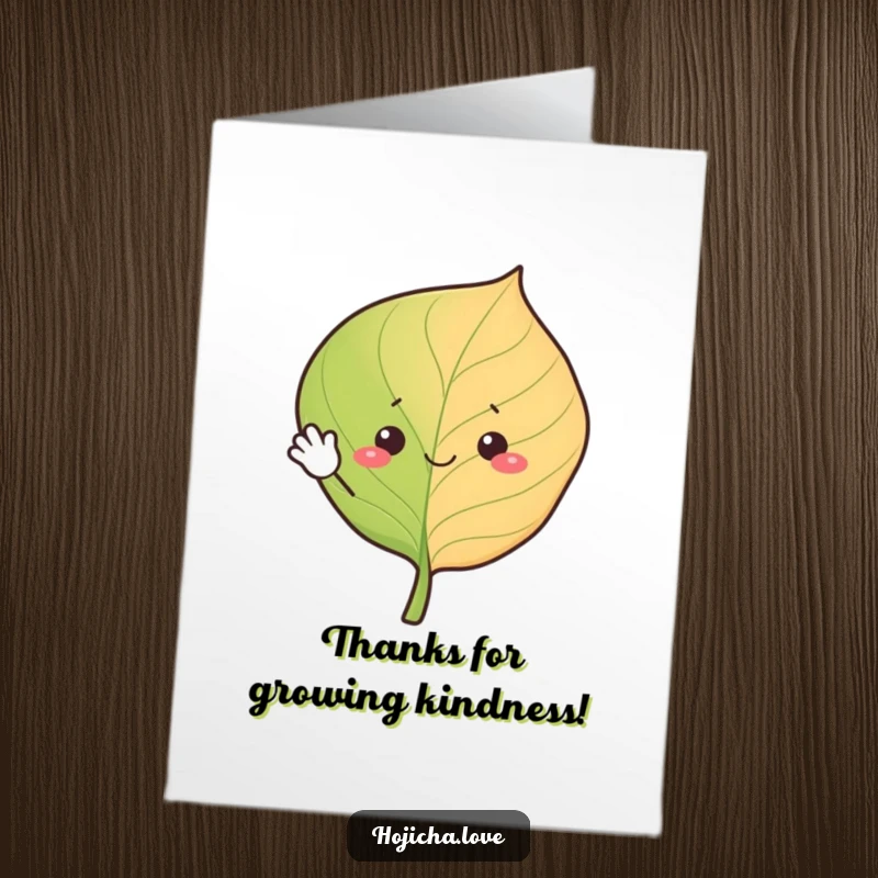 Funny Free Printable Thank You Card: A hojicha leaf with simple eyes waves hello, conveying thanks with a cheerful, friendly gesture, downloadable.
