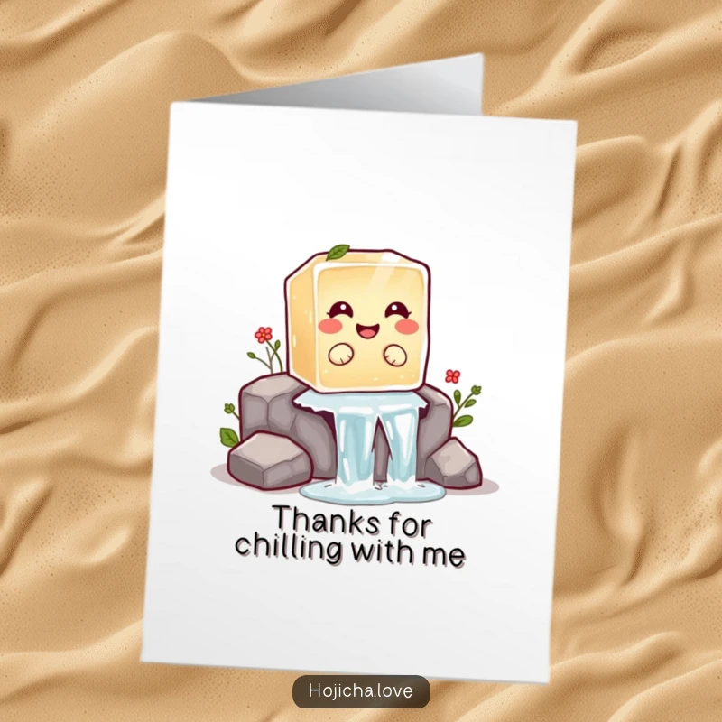 Funny Free Printable Thank You Card with a giggling hojicha ice cube enjoying a ride down a miniature waterfall.