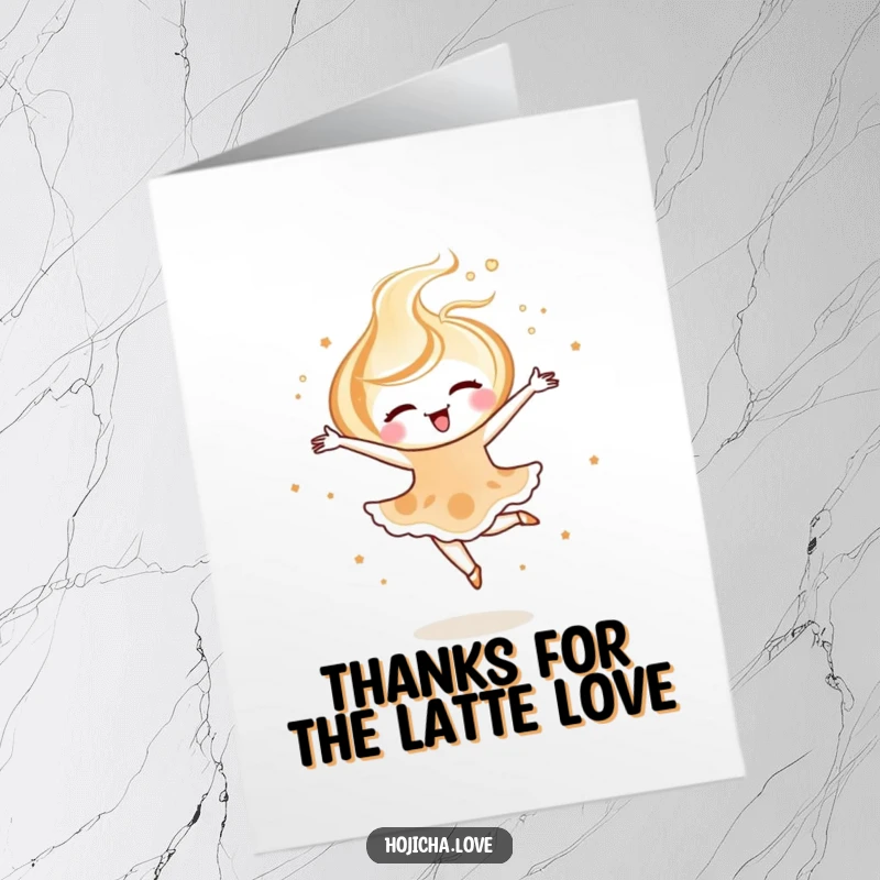 Funny Free Printable Thank You Card of a joyful hojicha latte art swirl performing a delicate and thankful ballet pirouette.