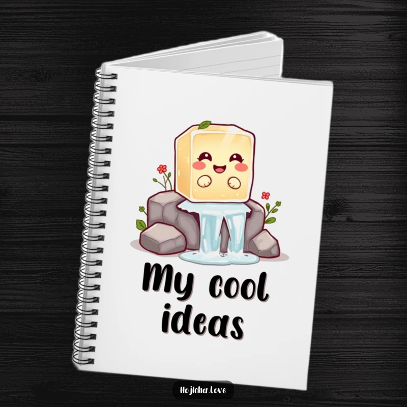 Funny hojicha ice cube notebook with a giggling ice cube sliding down a waterfall, perfect for capturing cool thoughts.