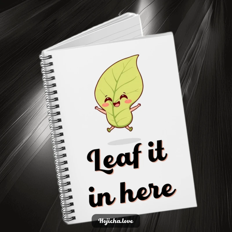 Funny hojicha tea leaf notebook with a cheerful jumping leaf design, perfect for capturing bright thoughts.