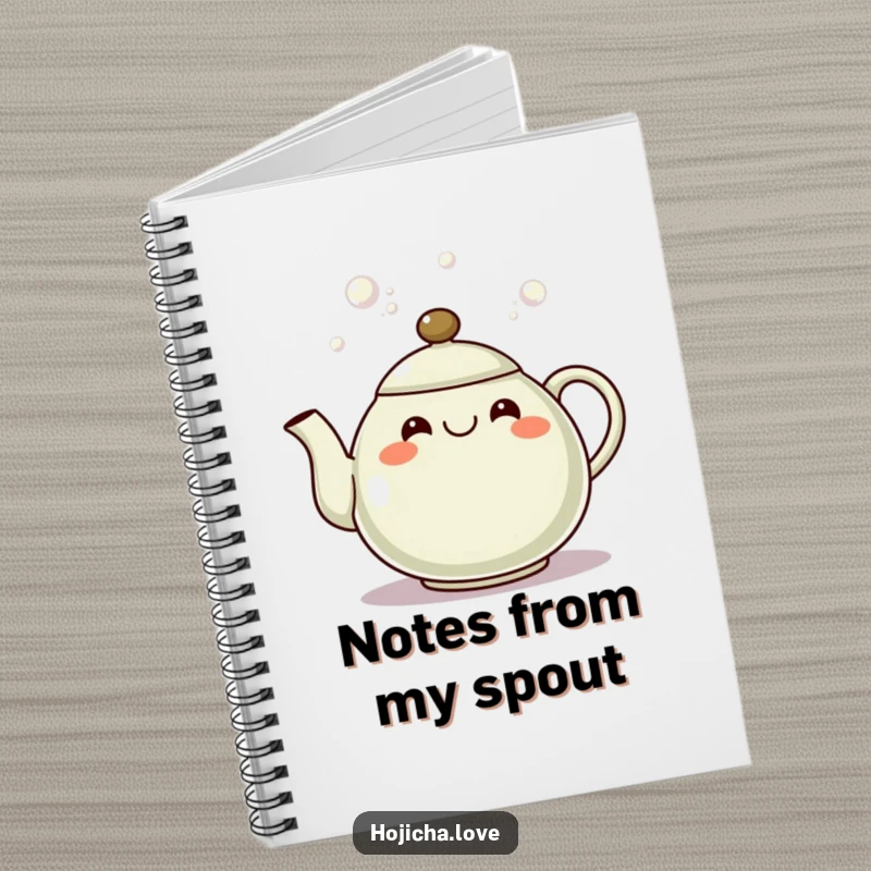 Funny hojicha teapot notebook with a grinning spout pouring bubbles, perfect for capturing cheerful thoughts.
