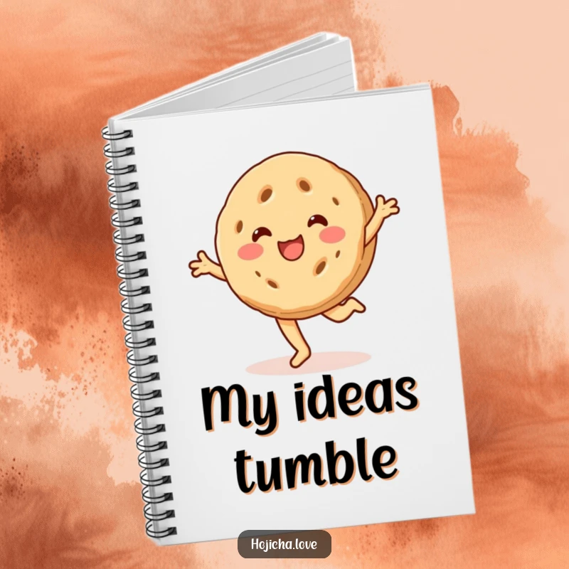 Funny hojicha cookie notebook, beaming with a smile and cartwheeling, ideal for capturing sweet ideas.