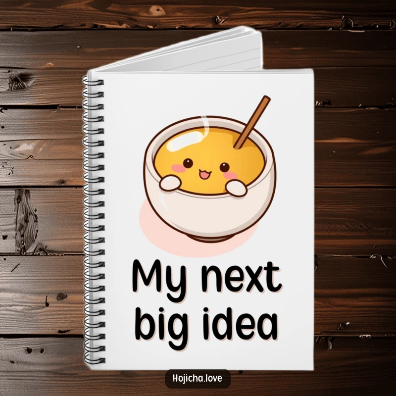 Funny hojicha cup with tiny arms enthusiastically stirring tea, adorning the cover of this humorous notebook.