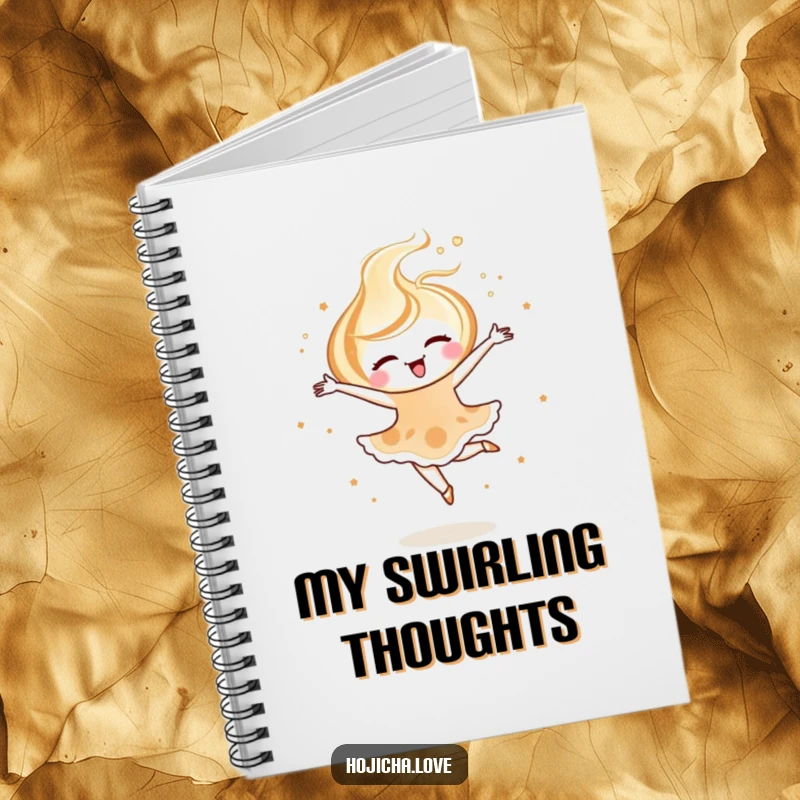Funny hojicha latte art notebook with a joyful swirl pirouetting, perfect for capturing elegant thoughts.