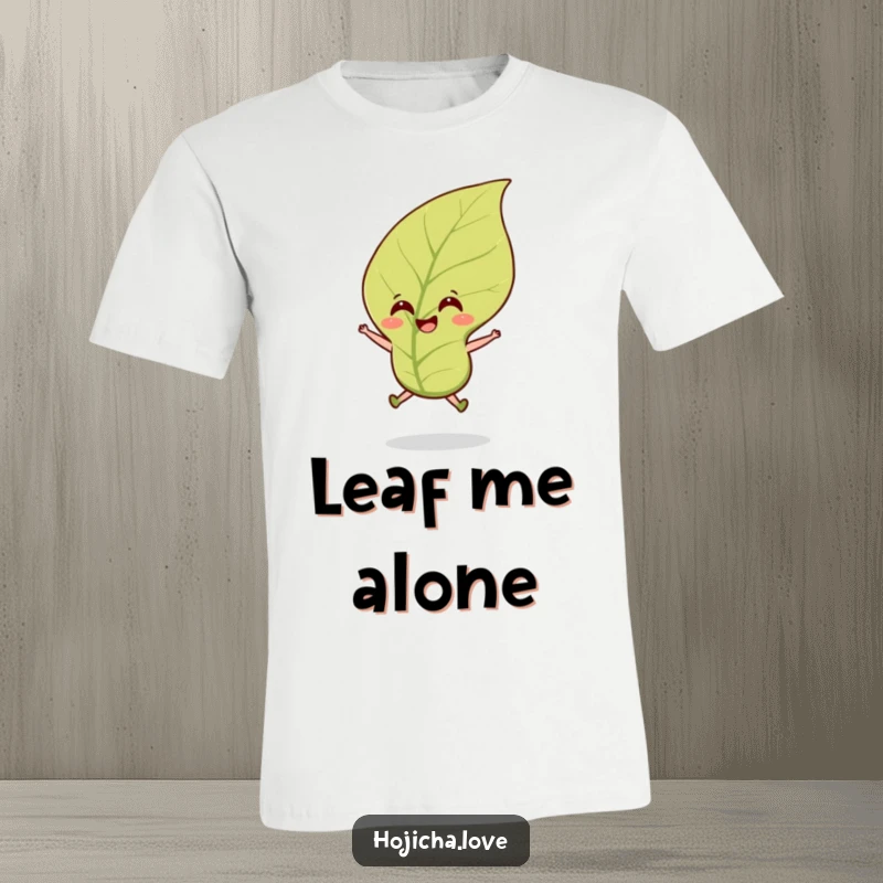 Funny hojicha tea leaf t-shirt showcasing a smiling leaf mid-jump in a breeze, embodying cheerful energy.