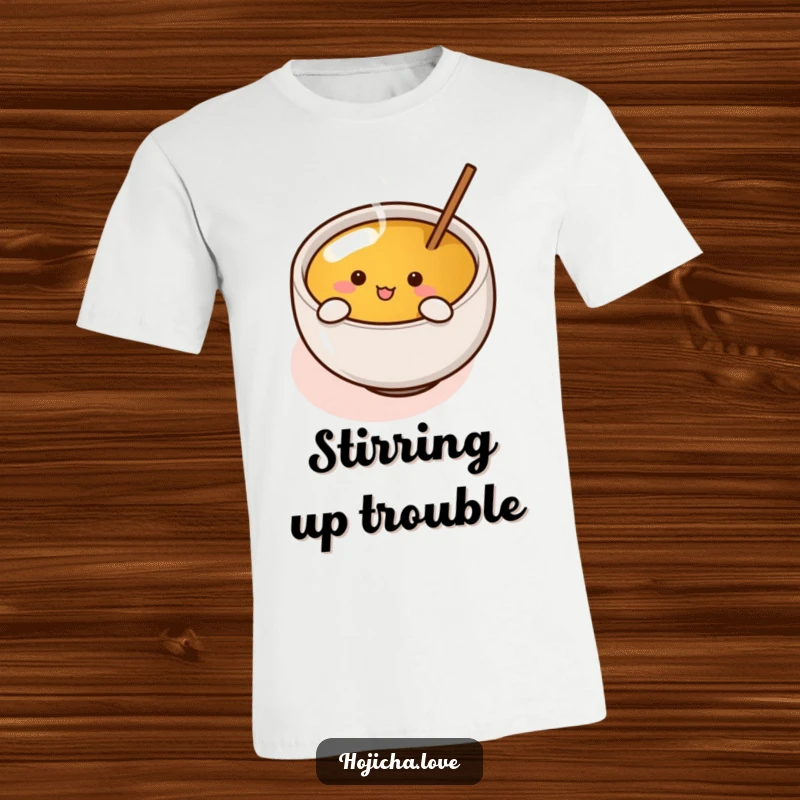 Funny hojicha cup with tiny arms enthusiastically stirring tea design on a comfortable, humorous t-shirt.