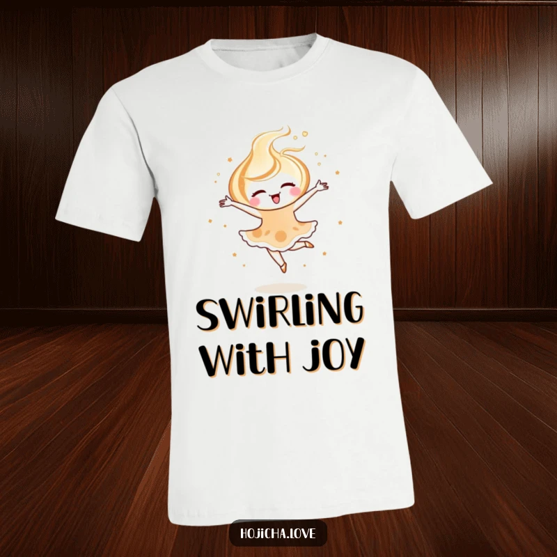 Funny hojicha latte art t-shirt depicting a joyful swirl in a delicate ballet pirouette, celebrating artistic grace.