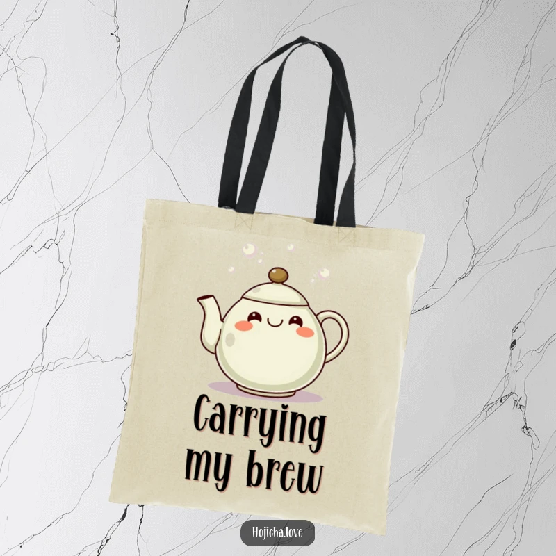 Funny hojicha teapot tote bag with a grinning spout pouring bubbles, ideal for carrying essentials with joy.