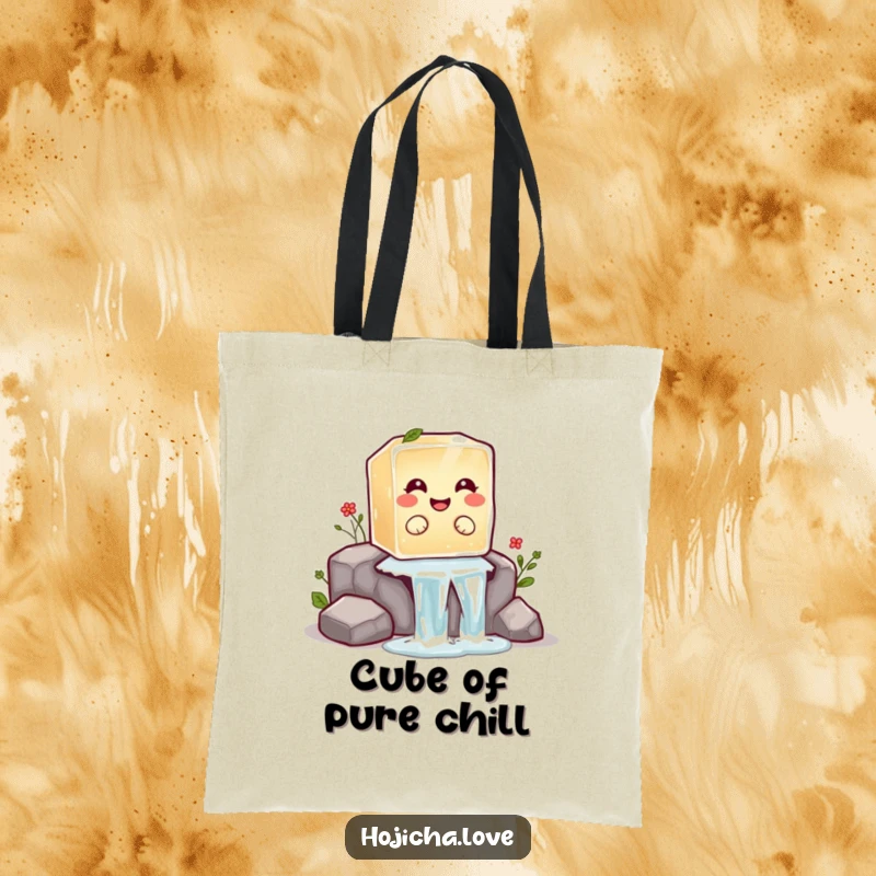 Funny hojicha ice cube tote bag with a giggling ice cube sliding down a miniature waterfall, for fun errands.